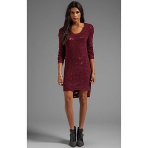 Free People Burgundy Distressed Open Knit Wool Blend Tunic Sweater XS